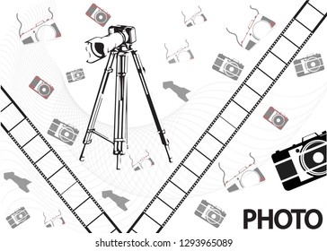 Black camera with a tripod and film on a white background