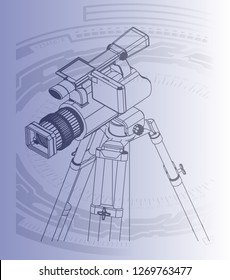 Black camera with tripod on a blue background. Vector image