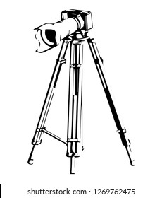 Black camera with tripod on a white background. Vector image
