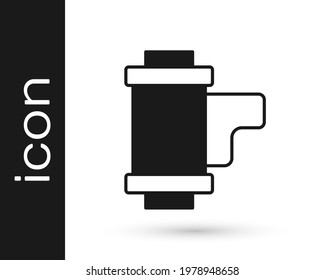Black Camera vintage film roll cartridge icon isolated on white background. 35mm film canister. Filmstrip photographer equipment.  Vector