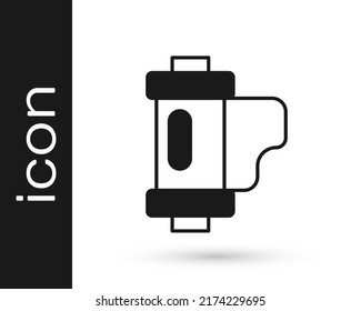 Black Camera Vintage Film Roll Cartridge Icon Isolated On White Background. 35mm Film Canister. Filmstrip Photographer Equipment.  Vector