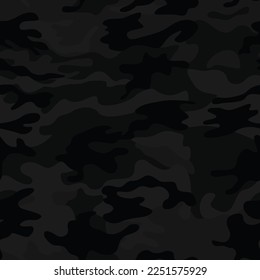 Black camo background, night texture disguise, vector seamless pattern. Modern print.