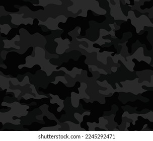 Black camouflage background, night texture, seamless classic print. Disguise.