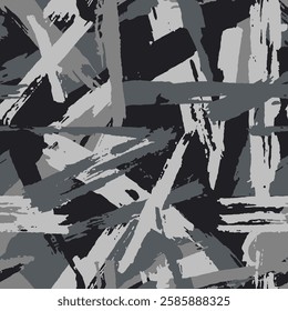 Black camouflage is hand-painted chaotic pattern. Grunge texture in straight, wide strokes. Camo urban textiles for printing on clothing. Vector seamless background