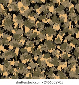 Black Camouflage Seamless Pattern. Camouflage Color Green Repeated Army Graphic Art. Beige Seamless Military Vector Wallpaper. Khaki Repeated Artistic Graphic Background. Camoflage