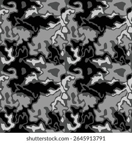 Black camouflage seamless pattern. Splashes masking camo repeat print. Classic clothing style masking dark camo, repeat print. Vector background