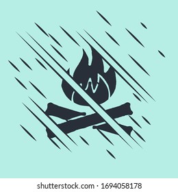 Black Campfire icon isolated on green background. Burning bonfire with wood. Glitch style. Vector Illustration