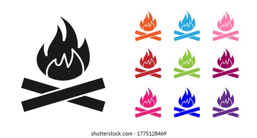 Icono de Fogata Negra aislado en fondo blanco. Fuego de fuego con leña. Indique los iconos en colores. Ilustración vectorial