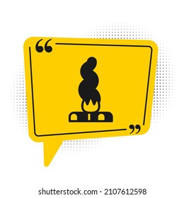 Black Campfire icon isolated on white background. Burning bonfire with wood. Yellow speech bubble symbol. Vector