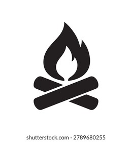 Black Campfire Silhouette Icon with Logs and Flame Isolated on White Background


