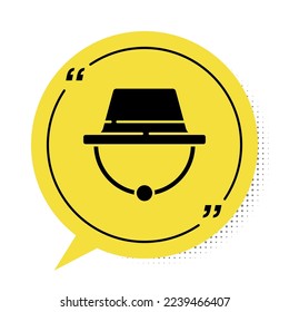 Black Camping hat icon isolated on white background. Beach hat panama. Explorer travelers hat for hunting, hiking, tourism. Yellow speech bubble symbol. Vector Illustration