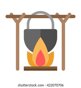 Black camping pot over a bonfire. Flat vector illustration isolated on white background