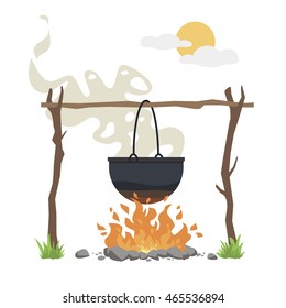 Black camping pot over a bonfire vector flat illustration isolated; A delicious fish soup