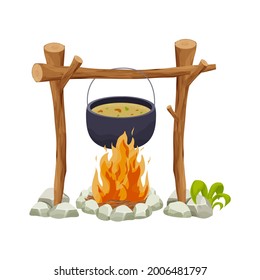 Black camping pot over a campfire in cartoon style isolated on white background. Wooden sticks, fire with stones, decorated with grass. Picnic cooking, travel preparation.