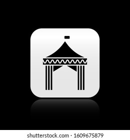 Black Camping tent icon isolated on black background. Carnival camping tent. Amusement park. Silver square button. Vector Illustration