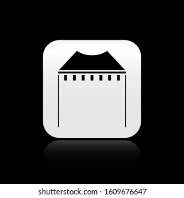Black Camping tent icon isolated on black background. Carnival camping tent. Amusement park. Silver square button. Vector Illustration