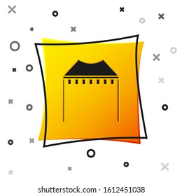Black Camping tent icon isolated on white background. Carnival camping tent. Amusement park. Yellow square button. Vector Illustration