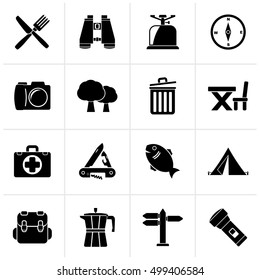 Black Camping, tourism and travel icons - vector icon set