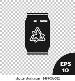 Black Can with recycle symbol and can icon isolated on transparent background. Trash can icon. Garbage bin sign. Recycle basket sign.  Vector Illustration