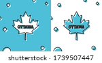 Black Canadian maple leaf with city name Ottawa icon isolated on blue and white background. Random dynamic shapes. Vector Illustration