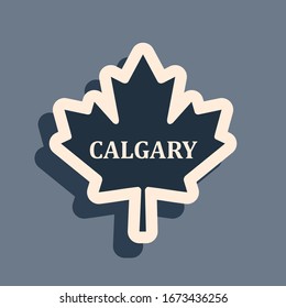 Black Canadian maple leaf with city name Calgary icon isolated on grey background. Long shadow style. Vector Illustration