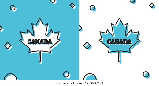 Black Canadian maple leaf with city name Canada icon isolated on blue and white background. Random dynamic shapes. Vector Illustration