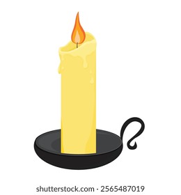 Black candle holder with burning candle isolated on white background. Vector