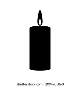 Black candle icon with fire flame isolated on white background. A fire burns on the wick. Vector.