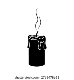 A black candle with melted wax burning