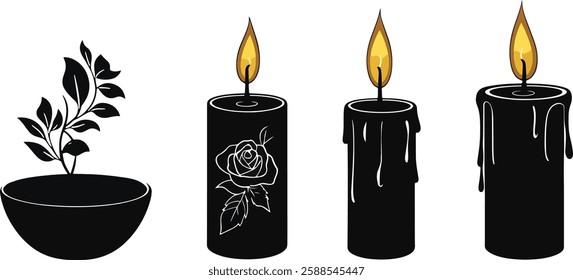 Black Candle Vector Illustration Set with Plant and Rose Decoration, Isolated on White Background.