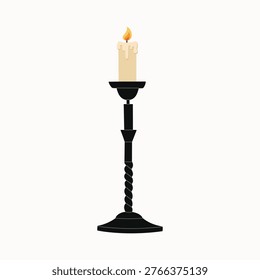 Black candlestick on a long stem with burning candle. Vintage candle holder for decor and lighting. Hand drawn vector illustration isolated on white background, modern flat cartoon style.