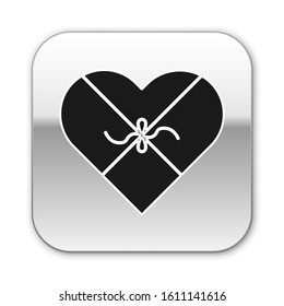 Black Candy in heart shaped box and bow icon isolated on white background. Valentines Day. Silver square button. Vector Illustration