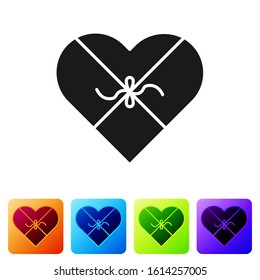 Black Candy in heart shaped box and bow icon isolated on white background. Valentines Day. Set icons in color square buttons. Vector Illustration