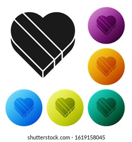 Black Candy in heart shaped box icon isolated on white background. Valentines Day. Set icons colorful circle buttons. Vector Illustration