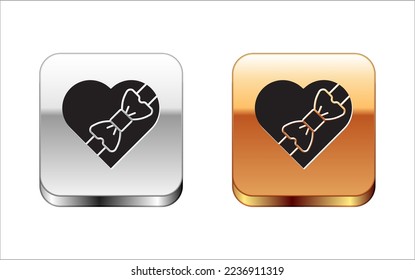 Black Candy in heart shaped box and bow icon isolated on white background. Valentines Day. Silver and gold square buttons. Vector