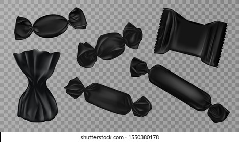 Black candy wrappers set isolated on transparent background. Blank sweets packages for lollipops, chocolate and truffle production, design elements for ad. Realistic 3d vector illustration, clip art