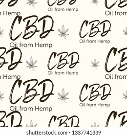 Black cannabis leaf and CBD text logo seamless pattern. Legal use of marijuana for medical purposes. 