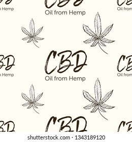 Black cannabis leaf and CBD text logo seamless pattern. Legal use of marijuana for medical purposes. 