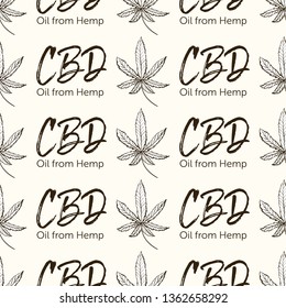 Black cannabis leaf and CBD text logo seamless pattern. Legal use of marijuana for medical purposes. 