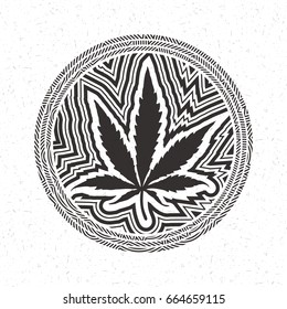 Black cannabis leaf in circle with strips isolated on white grunge background