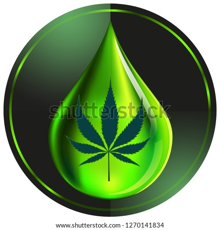 Black cannabis (marijuana leaf) and green oil drop on dark green circle background vector illustration. EPS10/ILLUSTRATION