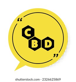 Black Cannabis molecule icon isolated on white background. Cannabidiol molecular structures, THC and CBD formula. Marijuana sign. Yellow speech bubble symbol. Vector Illustration
