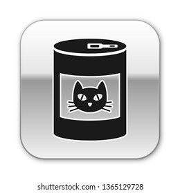 Black Canned food for cat icon isolated on white background. Food for animals. Pet dog food can. Silver square button. Vector Illustration