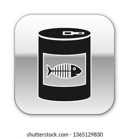 Black Canned food for cat icon isolated on white background. Fish skeleton sign. Food for animals. Pet dog food can. Silver square button. Vector Illustration