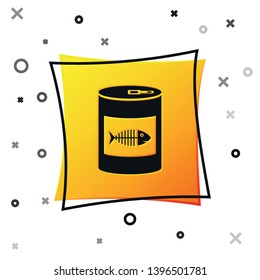 Black Canned food for cat icon isolated on white background. Fish skeleton sign. Food for animals. Pet dog food can. Yellow square button. Vector Illustration