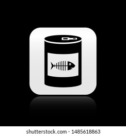 Black Canned food for cat icon isolated on black background. Fish skeleton sign. Food for animals. Pet dog food can. Silver square button. Vector Illustration
