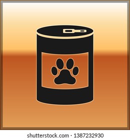 Black Canned food icon isolated on gold background. Food for animals. Pet food can. Dog or cat paw print. Vector Illustration