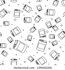 Black Canned food icon isolated seamless pattern on white background. Food for animals. Pet food can. Vector Illustration