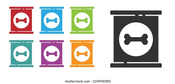 Black Canned food icon isolated on white background. Food for animals. Pet food can. Dog bone sign. Set icons colorful. Vector