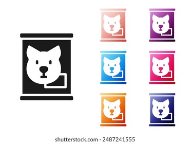 Black Canned food icon isolated on white background. Food for animals. Pet food can. Dog bone sign. Set icons colorful. Vector